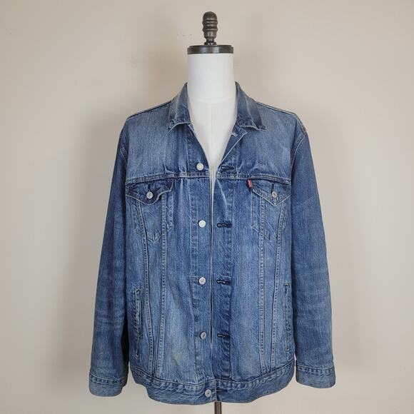 Levi's Trucker Jacket Mens XXL Blue Denim Red Tab Distressed Classic 723350009